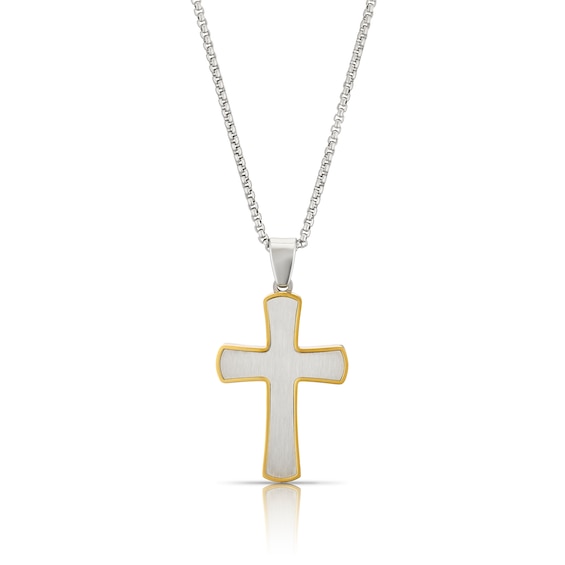 Mens Stainless Steel and Yellow Gold Tone Cross Pendant Neck