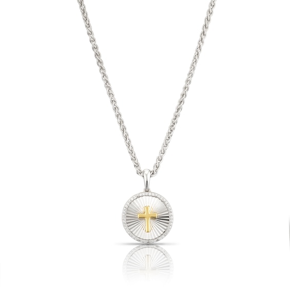 Mens Sterling Silver and 18ct Gold Vermeil Diamond Cut Circle Pendant Necklace