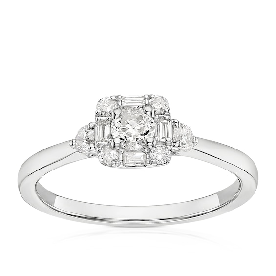 Engagement Ring 9ct White Gold Baguette and Round Halo 0.40c