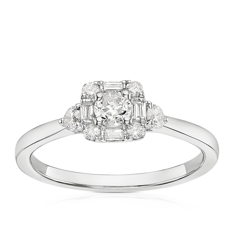 Main Image 1 of 9ct White Gold 0.40ct Diamond Baguette & Round Halo Ring