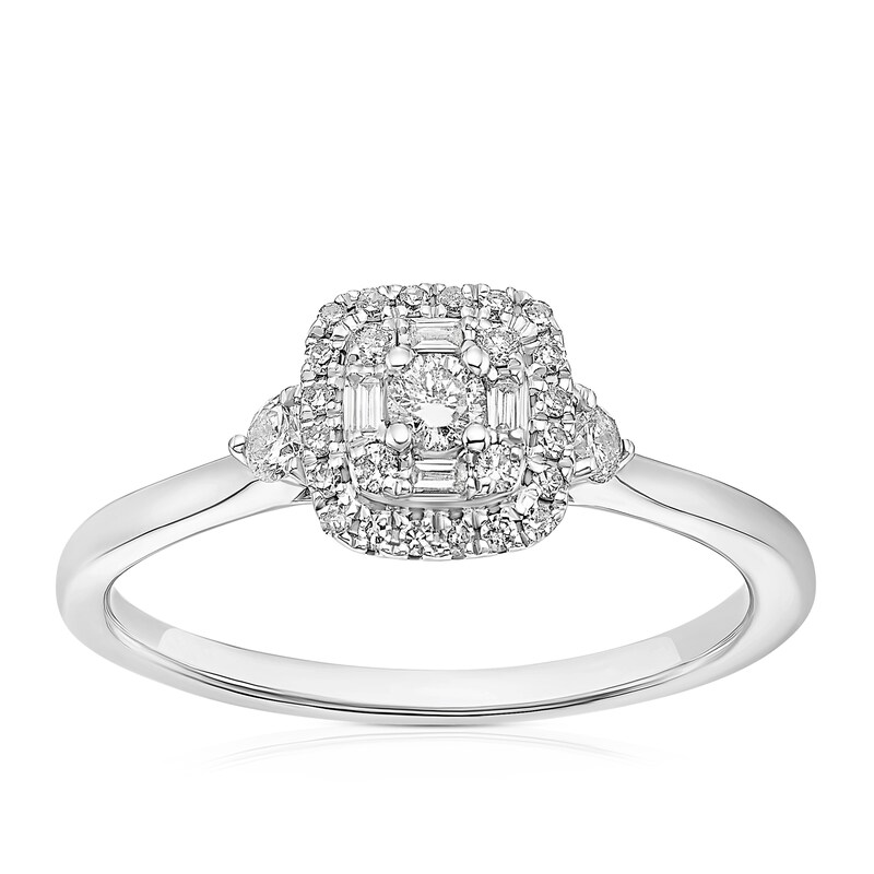 Main Image 1 of 9ct White Gold 0.25ct Diamond Baguette & Round Halo Ring