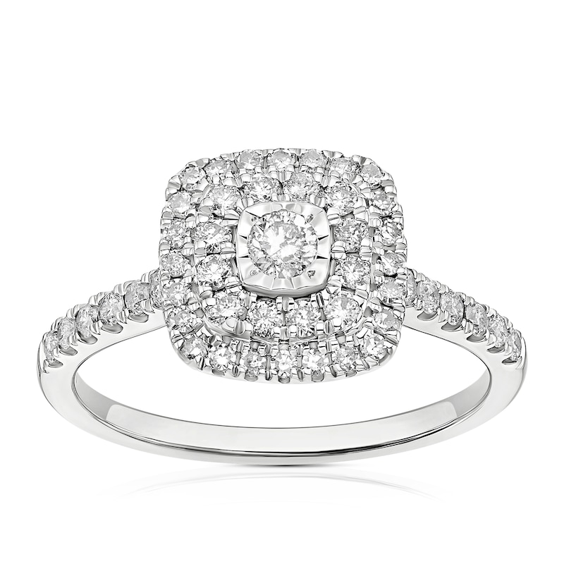 Main Image 1 of 9ct White Gold 0.50ct Diamond Double Cushion Halo Ring