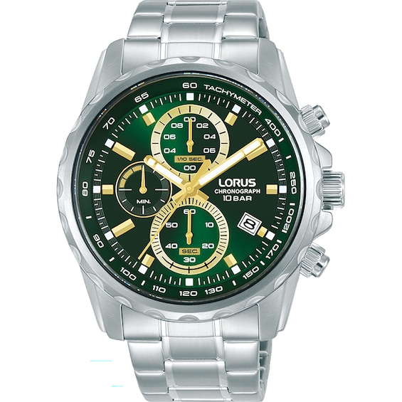 Lorus Mens Dark Green Dial Chronograph Stainless Steel Watch