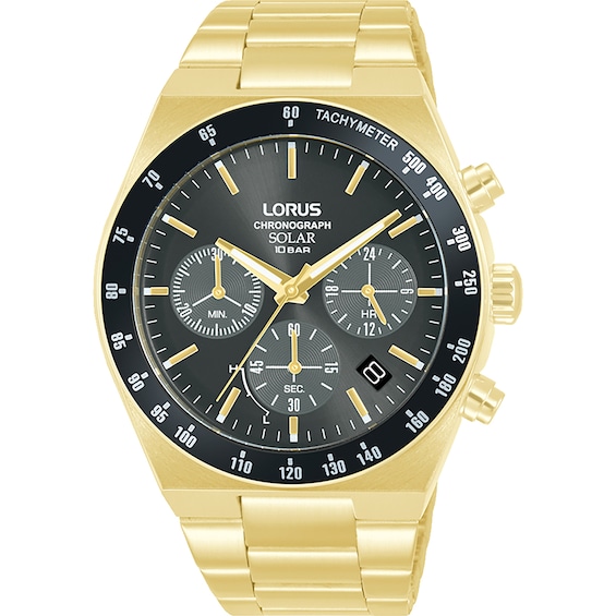 Lorus Solar Mens Chronograph Black Dial Gold Tone Stainless 
