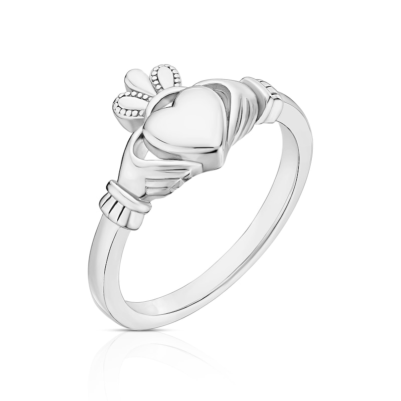 Main Image 2 of Sterling Silver Rhodium Plated Small Claddagh Ring