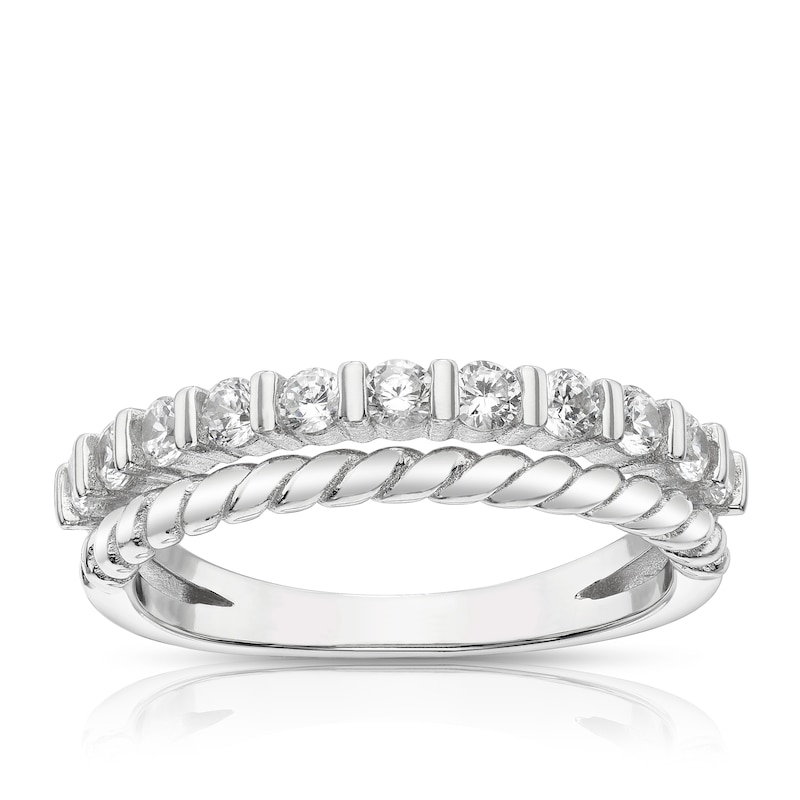 Main Image 1 of Sterling Silver Rhodium Plated Cubic Zirconia & Twist Double Band Ring