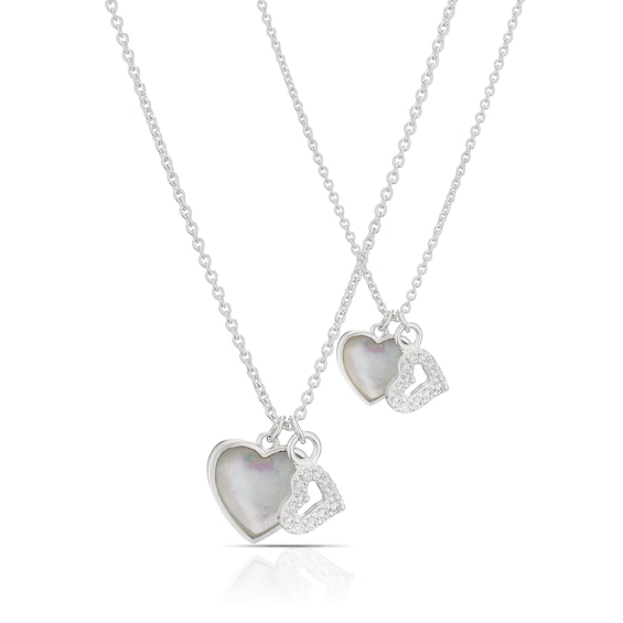Sterling Silver MOP & Cubic Zirconia Heart Mother & Child Pendant Set