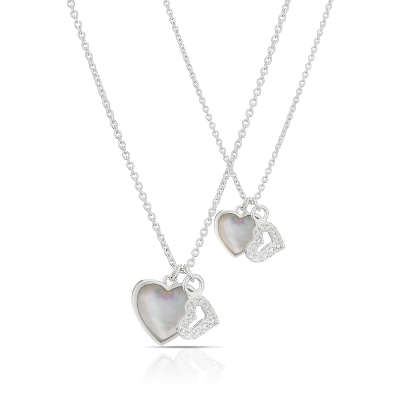 Main Image 1 of Sterling Silver MOP & Cubic Zirconia Heart Mother & Child Pendant Set
