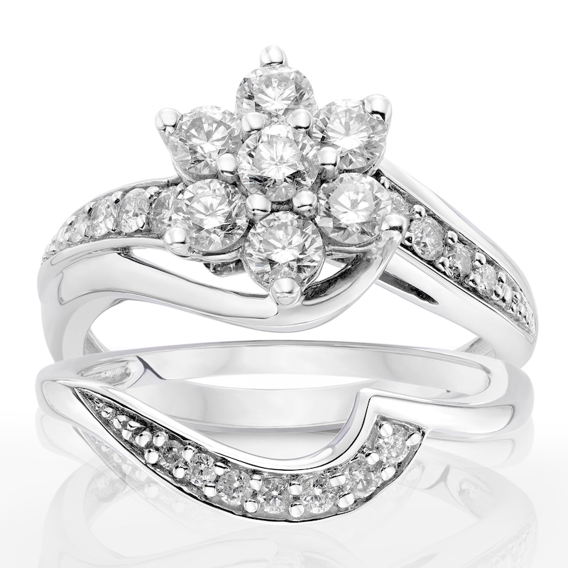 Main Image 1 of Perfect Fit 9ct White Gold 1ct Diamond Flower Cluster Bridal Set